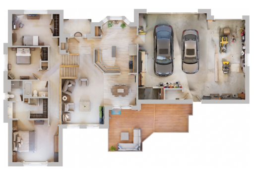 Graphic floor plan view of the main and upper levels.