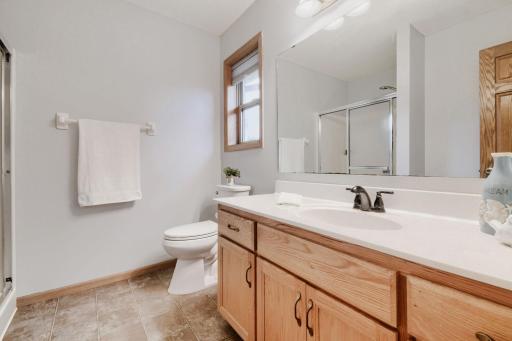 Private ensuite bathroom featuring a spacious vanity with ample counter space and storage. A walk-in shower and natural light complete this functional primary bath.