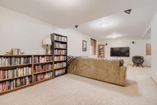 Another view of the fully finished lower-level recreation room highlights the generous space and flexible layout. Plenty of room for a TV area, reading nook, games, or entertaining.