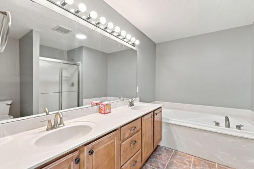 Private bath featuring heated floors, dual sinks, soaking tub, separate shower, and solar tube.