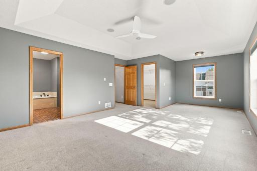 Spacious owner's suite with tray ceiling, walk-in closet, and private bath.