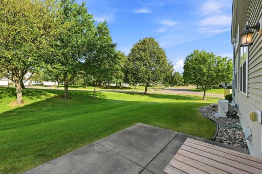 Private patio overlooking mature landscaping and an expansive side yard rarely found in townhome communities.