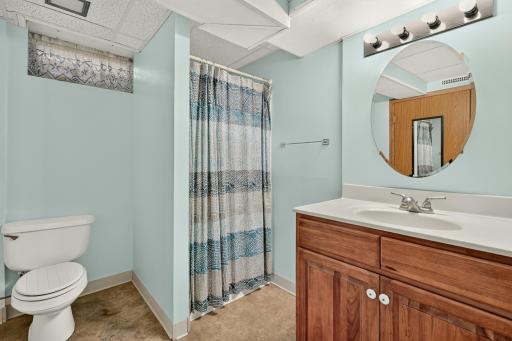 Lower level three-quarter bath with step-in shower and nice-sized vanity.