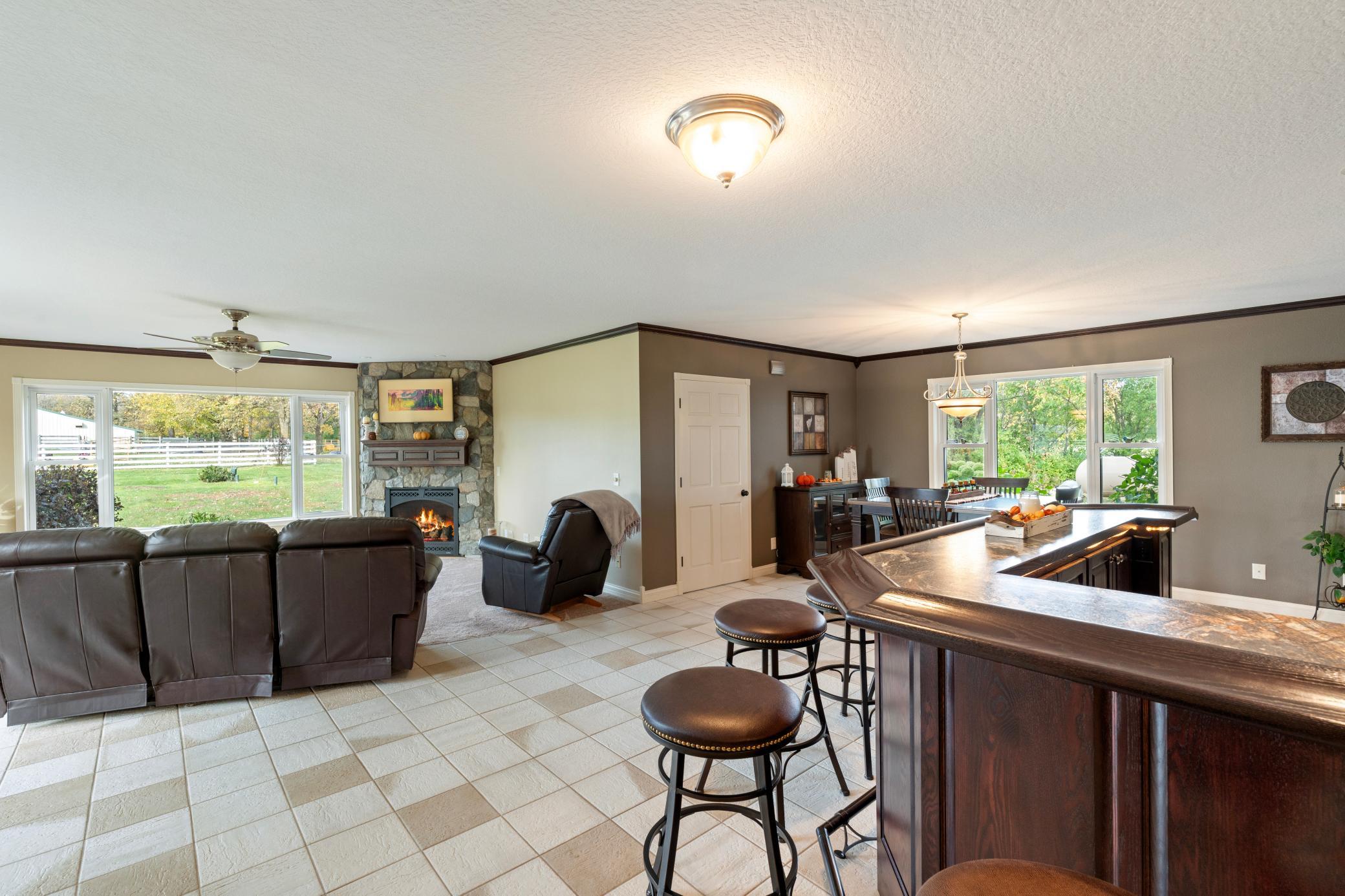 Family room with dining living and bar area for entertaining