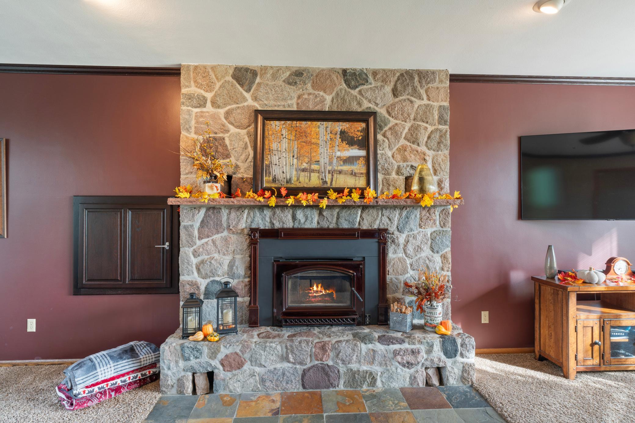 Close up of the stone fireplace