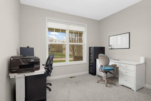 View the front yard from the office window. Note the low-profile carpet, perfect for an office.