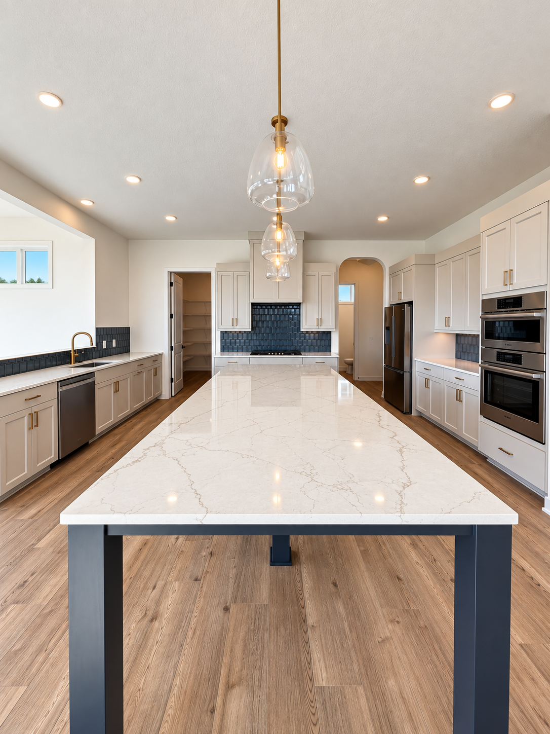 Show-stopping kitchen featuring an oversized center island, quartz countertops, statement pendant lighting, abundant cabinetry, and stainless steel appliances.