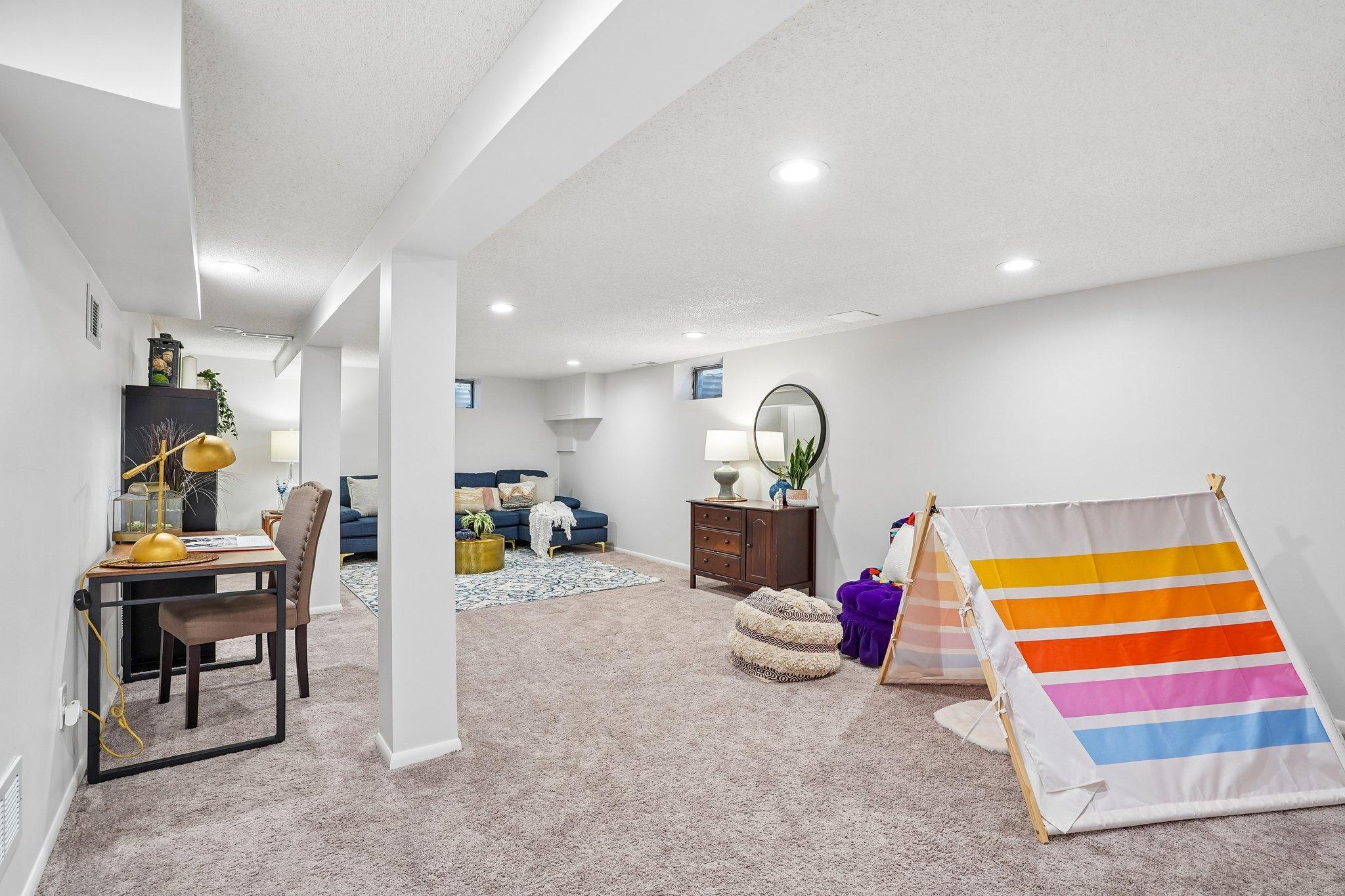 Spacious lower level family room