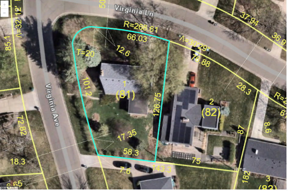 Hennepin County aerial image showing dimensions of the quarter acre corner lot.