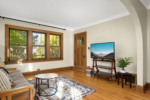 Cozy and warm living room with a view toward the front porch
