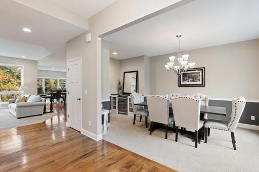 View from the foyer looking into the formal dining room and the open main living area.
