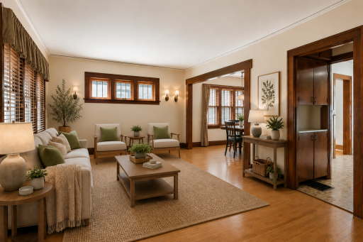 Living room featuring hardwood floors and natural light. Virtually Staged