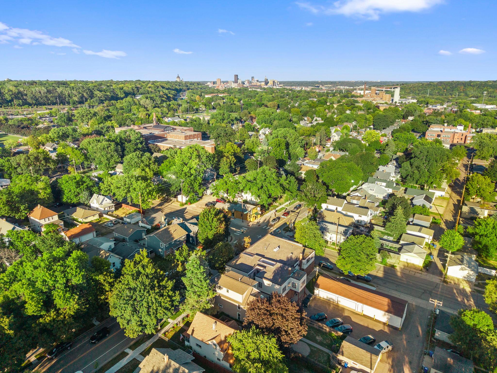 Aerial drone photo looking towards downtown St Paul