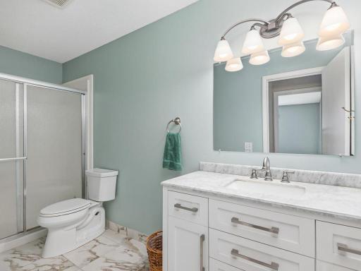 The upper level bathroom has been beautifully updated