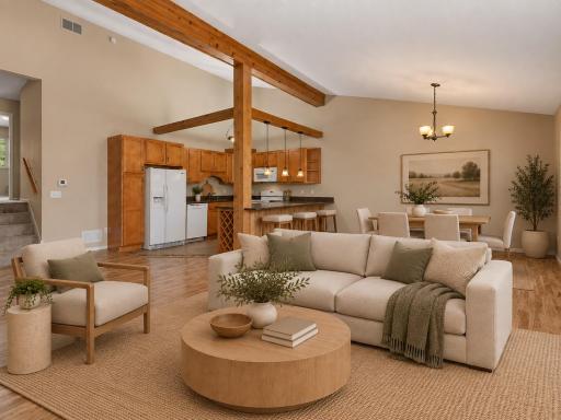 You will love the soaring ceiling, the stunning beams, and the functional open floorplan - virtually staged