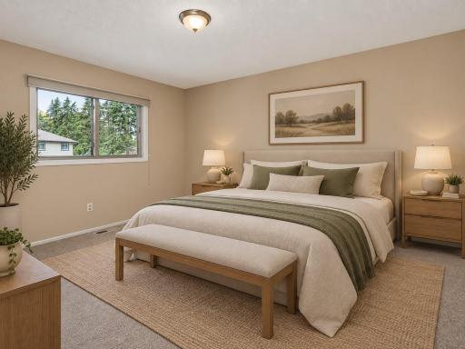 Primary bedroom, on the upper level - virtually staged