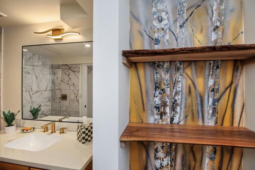 Hand painted background with walnut shelves. Special unique features make a house a home.