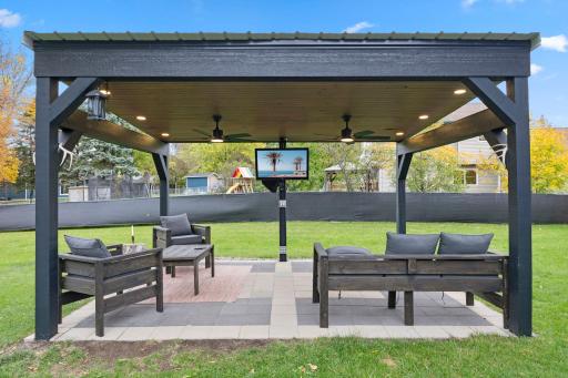 This fun entertainment pavilion would be a great spot to entertain family and friends, enjoy your freshly grilled feast, catch a movie, or whatever suits your lifestyle.