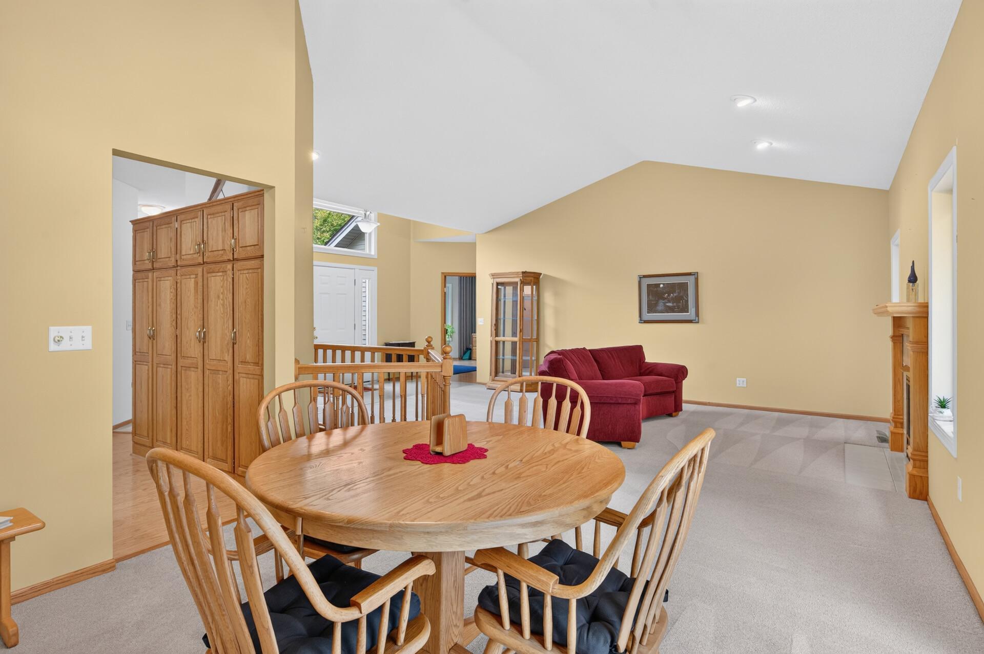 A view from the dining room looking towards the great room and kitchen.