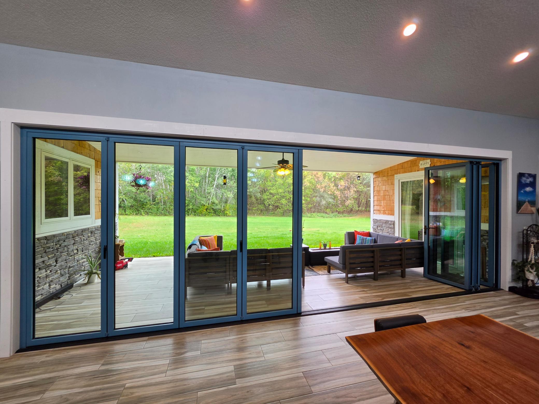 glass doors half open to back courtyard