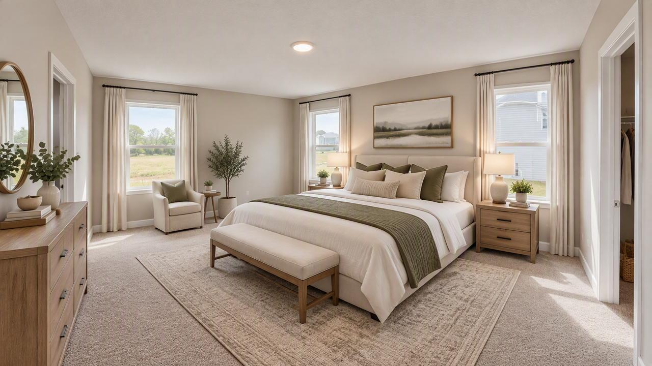 An oasis on its own, the home's primary suite includes a MASSIVE walk-in closet as well as a private bath. Photo of model home, colors and finishes will vary.
