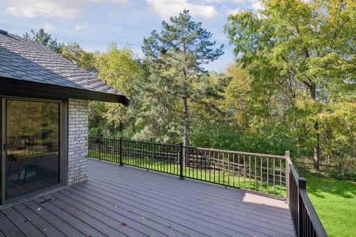 Newer Andersen patio door opens to the kitchen, for easy dining outdoors. New railings in 2025 and Trex decking in 2020.