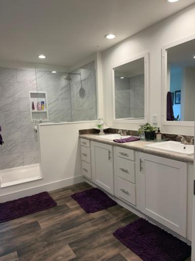 Primary bathroom double sink vanity , huge walk in shower