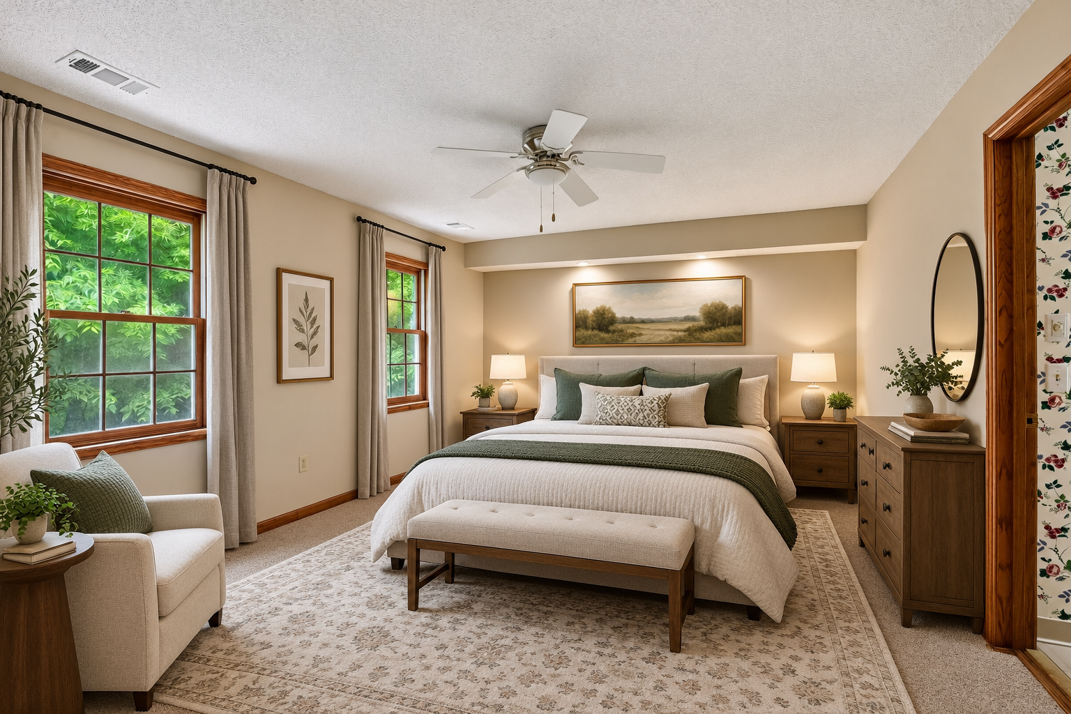 Virtually staged primary bedroom