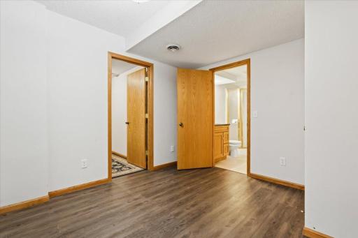Basement bedroom with spacious walk in closet and shared 3/4 bath.