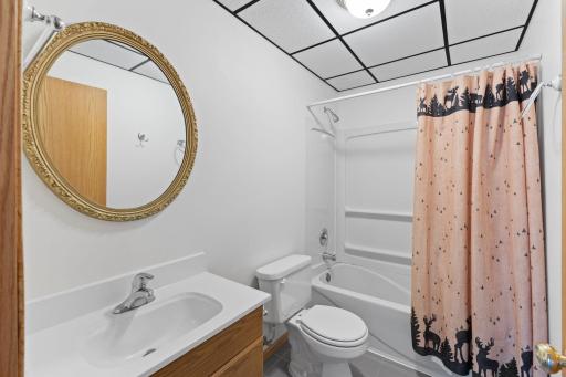 The lower-level full bath features an attractive ceramic tile floor, adding both durability and style. Conveniently located near the family room and lower-level bedroom, this bath offers comfort and functionality for guests and everyday living.