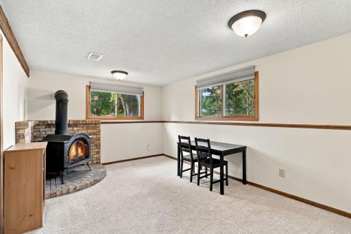 Lower level family room with gas fireplace.