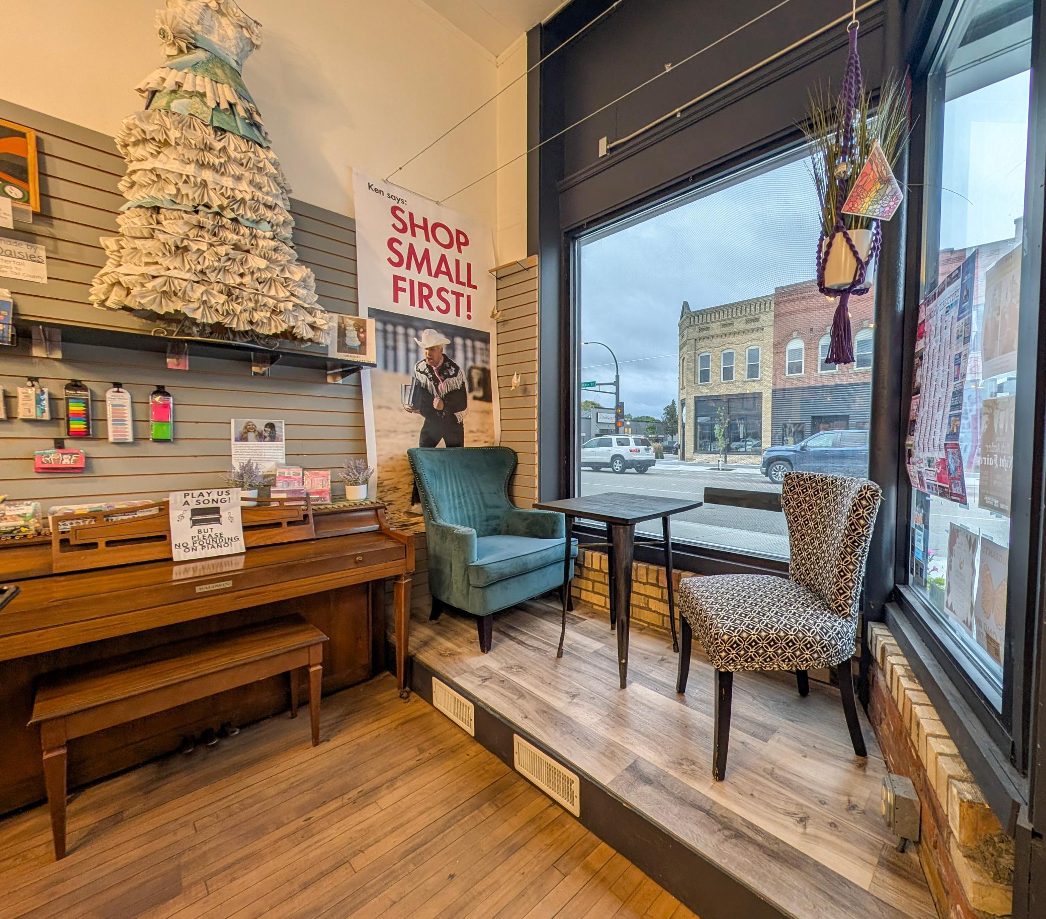 Two large storefront windows face directly onto downtown Perham, MN 56573.
