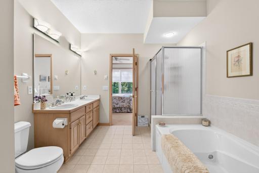 Spacious bath with separate tub and shower.