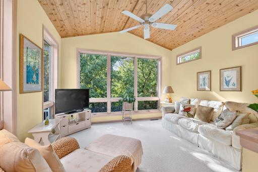 Tree-wrapped sun porch filled with natural light.