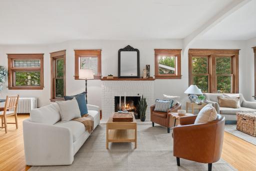 Living room with gas fireplace and hardwood floors