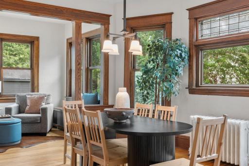 Dining area with leaded-glass transom window