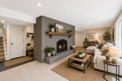 VIRTUALLY STAGED to offer lower level furniture arrangement options.