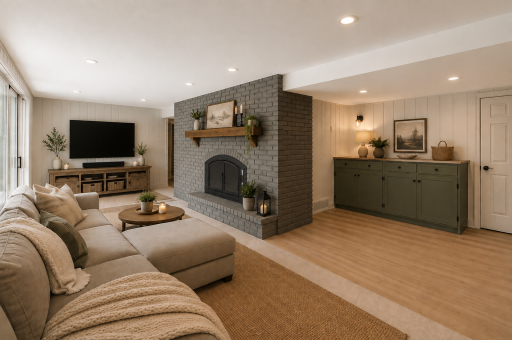 VIRTUALLY STAGED to offer lower level furniture arrangement options.