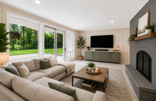 VIRTUALLY STAGED to offer lower level furniture arrangement options.