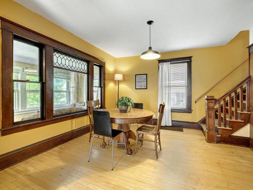 One of the favored features is the leaded-glass diamond-pattern window pane overlooking the 3 season porch.