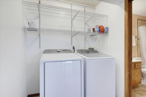 Washer and dryer are newer Samsungs! Great shelving space for organization.