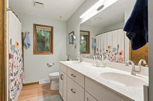 Main floor full-sized bath with comfort-height vanity and toilet.