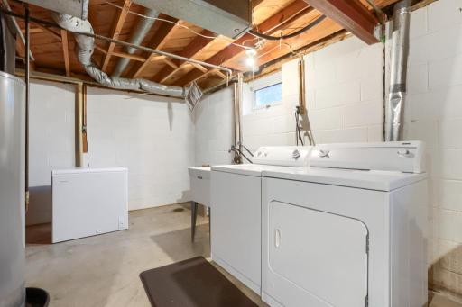 Laundry and Furnace room. Newer water heater, hookup for future water softener. Chest freezer does not stay.