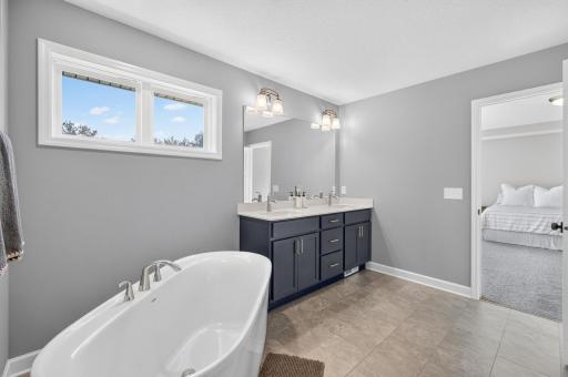 Primary bedroom soaking tub, double vanity and separate shower