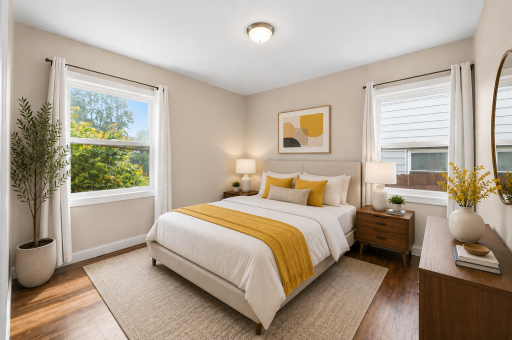 A calming primary retreat designed for rest and relaxation. Large windows fill the room with natural light while the spacious layout easily accommodates a king sized bed and full furniture set. This room has been virtually staged.