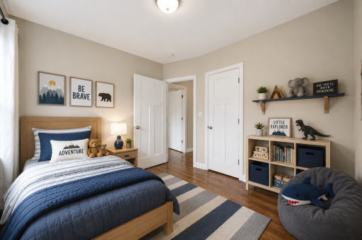 The second bedroom on the main floor has a bright, airy feel and a clean contemporary aesthetic. Fresh white walls, original hardwood flooring. This room has been virtually staged.