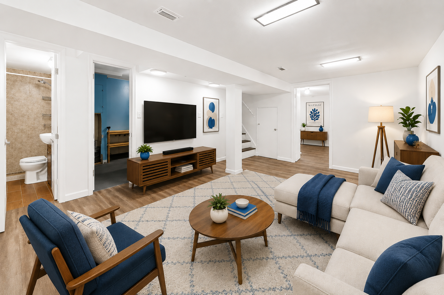 This lower level family room is wide open and waiting for movie nights, game days, and everything in between. Wherever your family needs more space to hang out at. This room has been virtually staged.