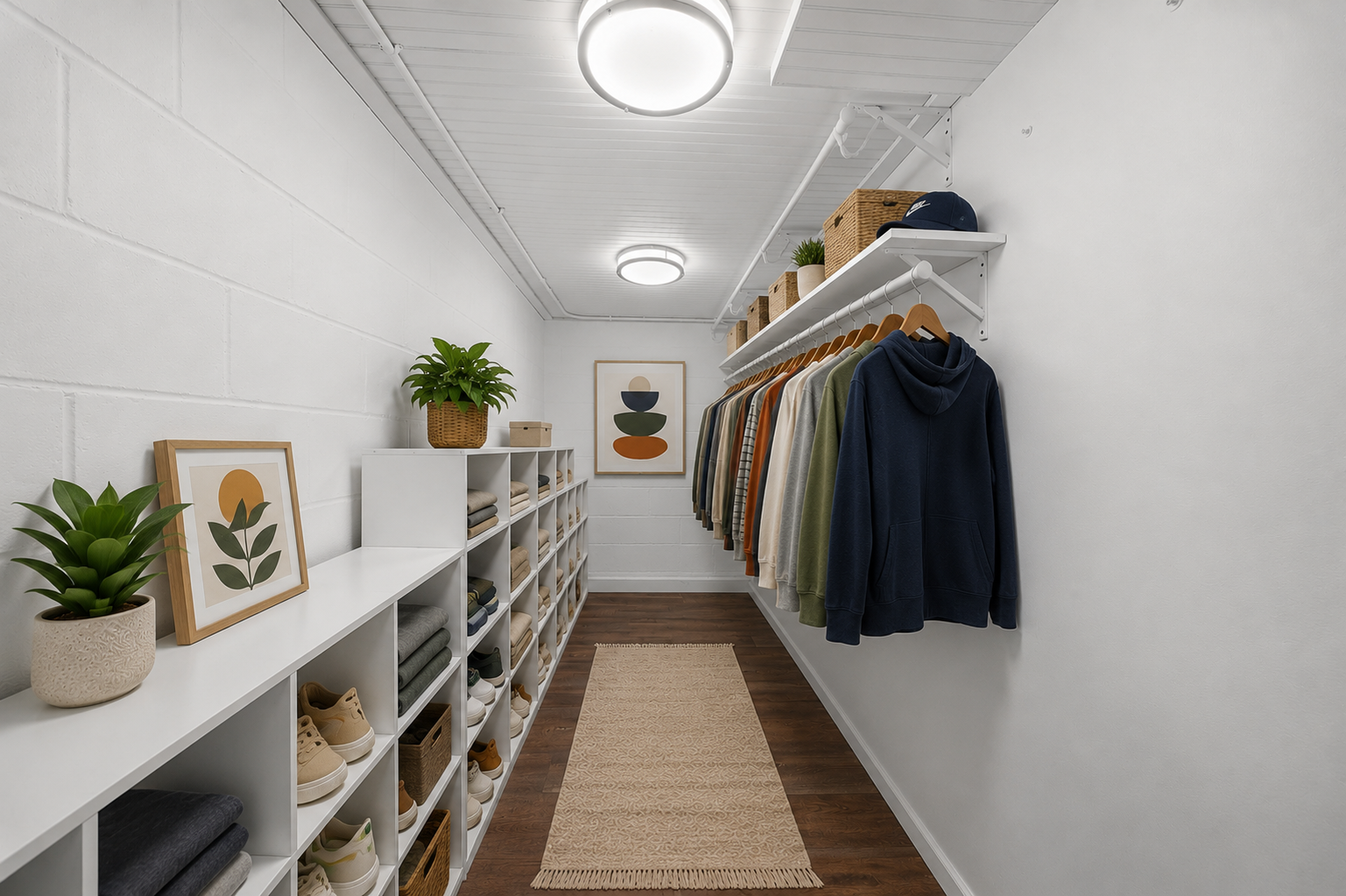 The fourth bedroom comes with real storage, not an afterthought. This walk in closet has built in shelving on one side, a hanging rod on the other, room enough for every season of clothes. This room has been virtually staged.