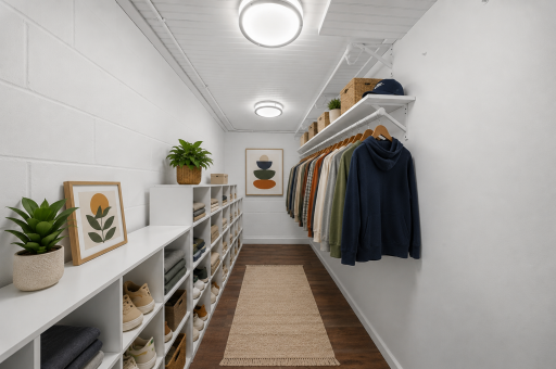 The fourth bedroom comes with real storage, not an afterthought. This walk in closet has built in shelving on one side, a hanging rod on the other, room enough for every season of clothes. This room has been virtually staged.