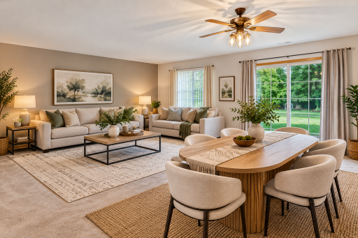 Virtually staged to showcase the bright, spacious living and dining areas with direct access to the outdoor patio.